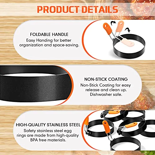 6 Pcs Professional Egg Ring Pancake Ring Set Stainless Steel Fried Egg Molds Griddle Pancake Shapers with Orange Silicone Handle for Breakfast Omelette Sandwich view 4