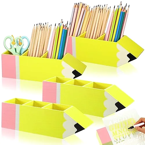 4 Pcs Pencil Shaped Pen Holders Wooden Desk Pen Pencil Dispensers Back to School Gifts DIY Desk Stationery Storage for Students Teacher Appreciation Gifts School Classroom Office Supplies