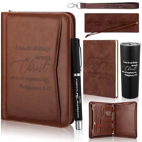 6 Pcs Christian Gifts for Men Religious Christian Leather Portfolio Bible Prayer Journal for Men Women Keychain Pen Notebook Tumbler Bookmarks Bible Study Supplies
