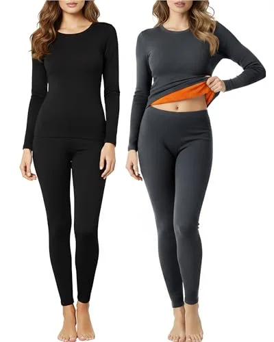 2 Set Womens Thermal Underwear Soft Fleece Lined Base Layer Pajama Winter Warm Top Bottom for Cold Weather Skiing