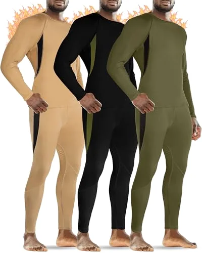 3 Sets Men's Thermal Underwear Set Fleece Lined Base Layer Top Bottom Set Warm Hunting Skiing Gear for Cold Weather