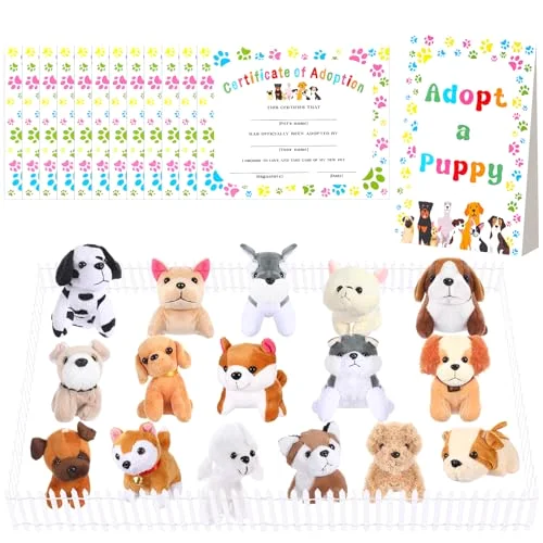 34 Pcs Adopt a Puppy Party Favors, 16 Small Stuffed Puppy Plush Dogs Bulk 16 Adoption Cards 1 Adoption Sign 1 White Fence for Adopt a Dog Party Favors Supplies Gifts