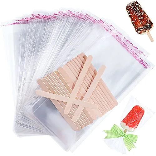 300 Pcs Popsicle Sticks and Bags Set, Wood Clear Self-Sealing
