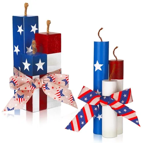 6 Pcs 4th of July Decorations Patriotic Tiered Tray Decor Firework Wooden Sign 250th Anniversary Centerpieces DIY Rustic Fireworks Wood Sign Independence Day Wooden Table Decor for Home Tables
