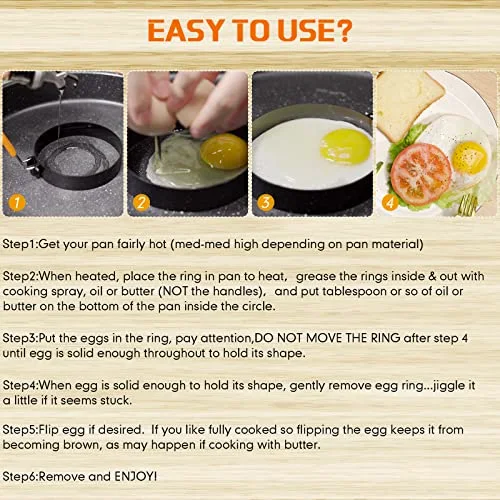 6 Pcs Egg Ring Pancake Ring Set Stainless Steel Fried Egg Molds Griddle Pancake Shapers with Silicone Handle for Breakfast Omelette Sandwich view 4