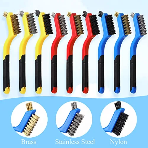 9 Pcs Wire Brush Set Nylon Brass Stainless Steel Bristles with Curved Handle Grip, Wire Cleaning Brush Scratch Brush for Rust Remover Dirt Paint Removal Clean view 3
