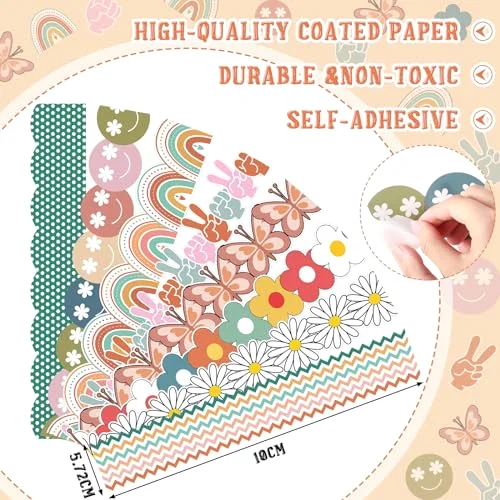 8 Rolls 262.4 ft Retro Groovy Classroom Bulletin Board Borders Decoration Colorful Daisy Flower Rainbow Butterfly Self-Adhesive Border Trim for Hippie Back to School Classroom Office view 2