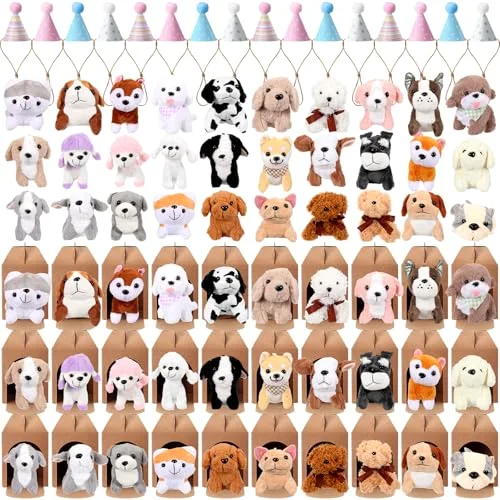 90 Pcs Mini Plush Dogs Bulk Adopt a Dog Favors Stuffed Animals Set with 30 Small Assorted Puppies 30 Birthday Hats 30 Kraft Paper Boxes for Animal Pet Theme Birthday Party Supplies Gifts