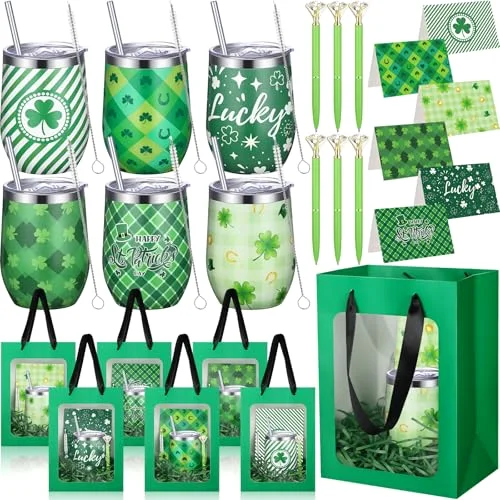 30 Pcs Spring Picnic Party Favor Set Reusable Stainless Steel Tumblers with Lid Straw for Outdoor Camping 12oz Shamrock Cups for Wedding, Baby Shower Party Supplies, Employees