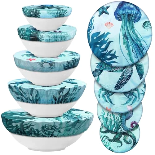 10 Pcs Reusable Bowl Covers in 5 Size, Dark Blue Ocean