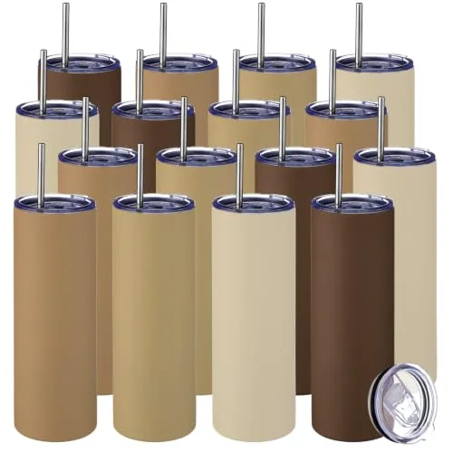 16 Pcs Gradient Brown Tumbler 20oz Travel Coffee Mugs with Lid and Straw Insulated Stainless Steel Tumblers Double Wall Vacuum Skinny Water Bottle for Coffee Beverage Hot & Iced Drinks