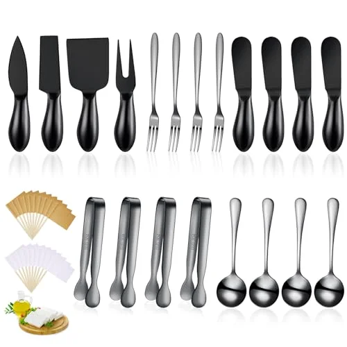 Charcuterie Board Accessories Cheese Knife Set, Black, 20 Pieces