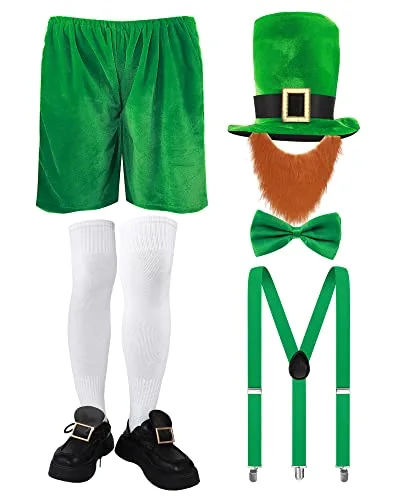 7 Pcs St Patrick's Day Costume Leprechaun Hat Beard Suspender Bow Tie Shorts Socks Gold Shoe Buckles Outfit
