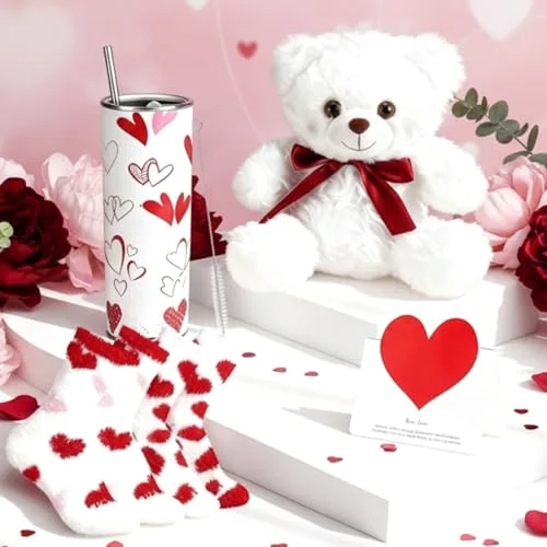 7 Pcs Valentine's Gifts Set for Her Valentines Red Heart Gifts Basket Stuff for Girlfriend Wife Women Including Stainless Steel Tumbler Cup White Teddy Bear Greeting Card Coral Fleece Socks