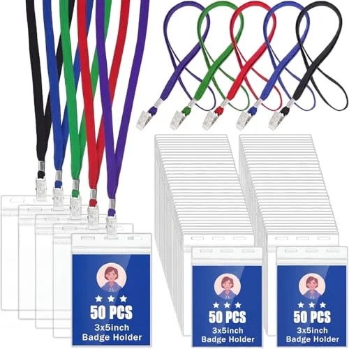 50 Pack Clear ID Badge Holder with Lanyard Bulk 3 x 5 Inch Large Waterproof Badge and Credential Holders Plastic Credential Sleeves Vertical Sealable Card Protector for Travel Office