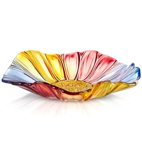 11" Crystal Glass Fruit Bowl, Colorful Sunflower Shaped Plate Art Decorative Serving Tray for Fruit, Dessert, Candy, Cake, Snack, Large Centerpiece for Dining Table, Kitchen, Living Room, Gift