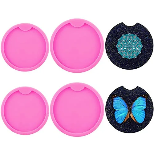 4 Pieces Car Coaster Mold DIY Round Coaster Silicone Mold Epoxy Resin Casting Pattern DIY Molds Silicone Keyring Pattern for Cup Mats, Home Decoration
