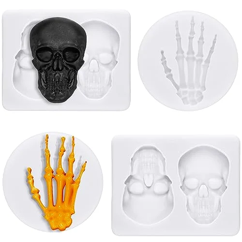 4 Pieces 3D Skeleton Hands Skull Halloween Silicone Fondant Molds Halloween Party Chocolate Candy Clay Moulds for DIY Chocolate, Cake, Pudding, Ice Cream, Epoxy Resin Mould