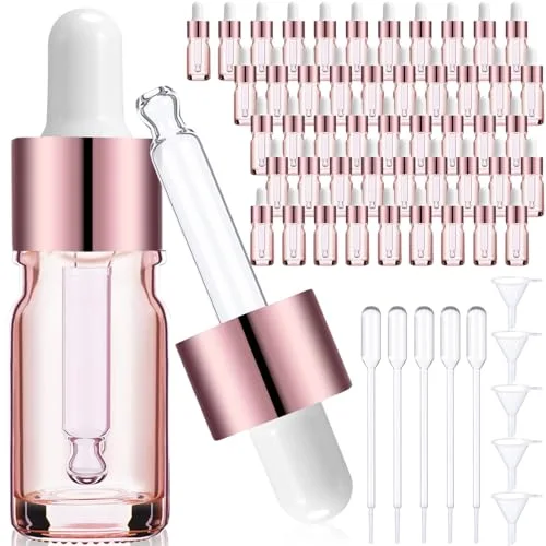 48 Pcs 5 ml/ 0.2 oz Frosted Glass Dropper Bottles Essential Oil Bottles with Eye Dropper and Bamboo Lids Perfume Sample Essence Liquid Cosmetic Containers and Funnels