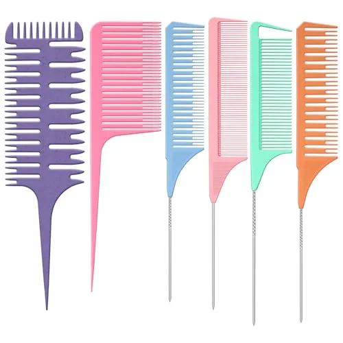 6 Pcs Highlighting Comb Set Weaving Hair Dyeing Comb Weaving Sectioning Foiling Rat Tail Styling for Highlights Foiling Balayage Hair Coloring Men Women