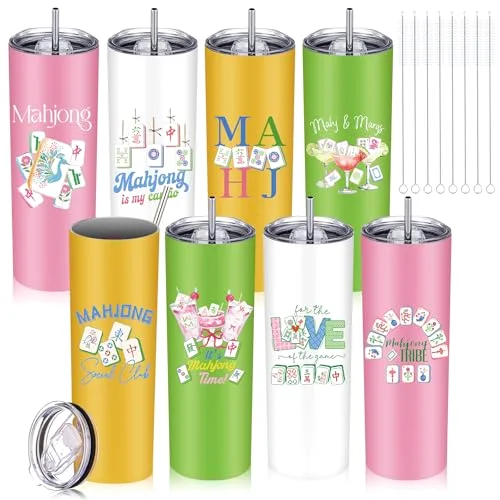 8 Sets Mahjong Tumblers for Women, 20oz Stainless Steel Insulated Mah Jong Cups with Lid Straw, Funny Gifts for Mahjong Lovers, Mah Jong Club Party Favors Birthday Holiday Gifts