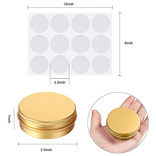 120 Pcs Gold 2 oz Metal Round Tins Salve Tins with Screw Lid Metal Jars Cans Containers 20 Sheets Stickers for Wedding Party Gift Candle Making DIY Salve Spice Candies Balms view 2