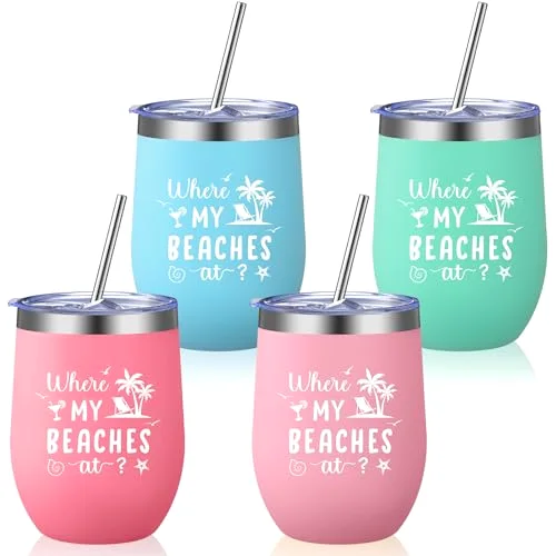 4 Pcs Beach Girls Trip Tumbler Cups for Women Summer Beach Trip Gifts Favors Travel Gifts 12oz Vacation Cups for Friend Sister Vacation Organization