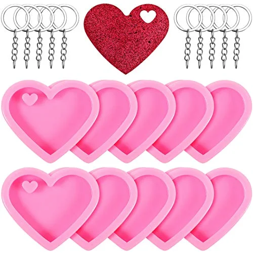 10 Set Heart Resin Keychain Molds for Epoxy Resin Mother's Day Silicone Fondant Molds Love Keychain Gift with 10 Key Rings for DIY Decoration, Homemade Dessert Wedding Birthday
