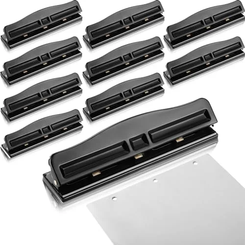 10 Pcs 3 Hole Punch 3 Ring Hole Puncher for Binder 10 Sheet Adjustable Paper Punch Metal Desktop Puncher for Office Home, Black