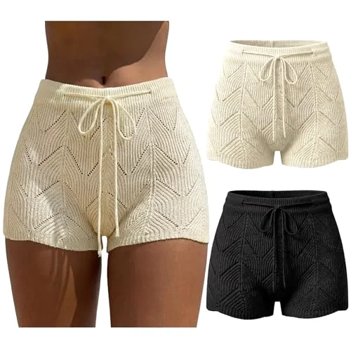 2 Pack Womens Crochet Cover up Shorts Hollow Out Knit Beach Shorts Coverups Bathing Suit Bikini Swimsuit Black White