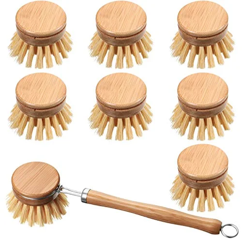 8 Pieces Dish Brush with Wood Handle, Natural Dish Scrubber Brush Set Includes 7 Replacement Bristle Heads & 1 Bamboo Handle for Dishes, Pans, Pot, Fruit and Veggie