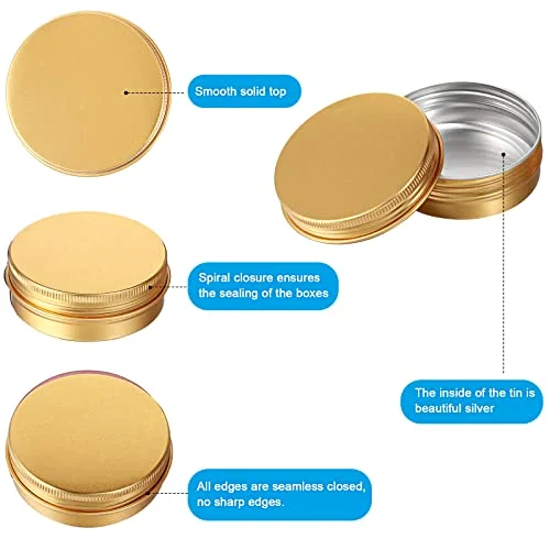 120 Pcs Gold 2 oz Metal Round Tins Salve Tins with Screw Lid Metal Jars Cans Containers 20 Sheets Stickers for Wedding Party Gift Candle Making DIY Salve Spice Candies Balms view 3