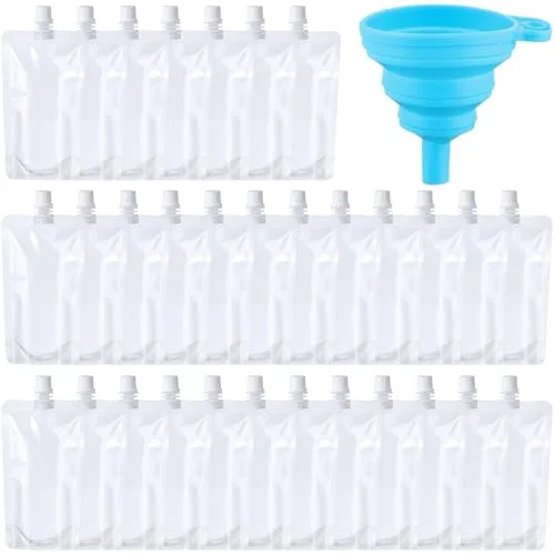 250 Pieces Plastic Liquid Pouch Reusable Juice Pouches Travel Water Leak Proof Bags Bulk with Collapsible Silicone Funnel for Travel Outdoor