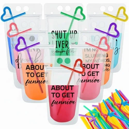 24 Sets Summer Juice Pouches for Adults Reusable Smoothie Juice Bags Reclosable Beverage Pouches for Adults Summer Beach Party Supplies
