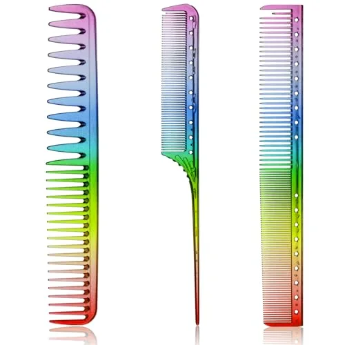 3 Pieces Rainbow Fine Tooth Comb for Woman Rat Tail Styling Salon Hair Comb Anti Static Heat Resistant Hairdressing Tools for Root Teasing