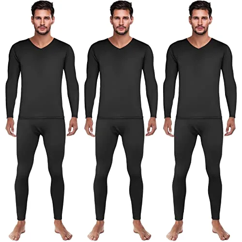 3 Set Thermal Underwear for Men Long Underwear Fleece Lined V Neck Winter Warm Base Layers Thermal Top Bottom