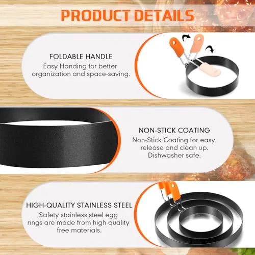 6 Pcs Egg Ring Pancake Ring Set Stainless Steel Fried Egg Molds Griddle Pancake Shapers with Silicone Handle for Breakfast Omelette Sandwich view 4