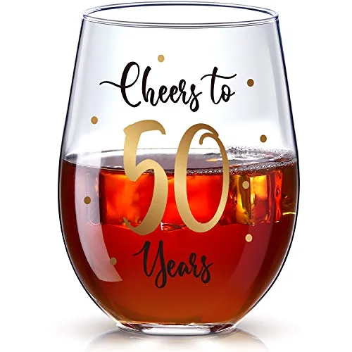 50th Birthday Wine Glass to 50 Years 50th Birthday Gifts for Women and Men Fabulous Gold Stemless Wine Glass Present Party Wedding Anniversary Party Decorations, 17 oz Stemless