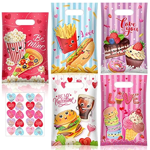 100 Sets Valentines Gift Bags with to from Stickers Valentine's Day Treat Goodie Candy Bags with Handle Red Pink Love Snack Container for Classroom Party Favor Supplies Prizes