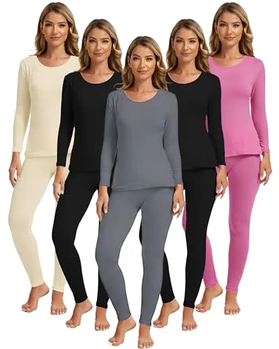 5 Set Women Thermal Underwear Sets Fleece Lined Thermal Underwear Winter Warm Base Layer Top and Bottom