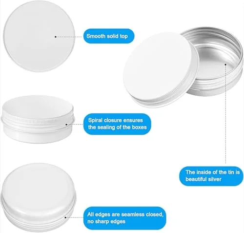 120 Pcs White 2 oz Metal Round Tins Salve Tins with Screw Lid Metal Jars Cans Containers 20 Sheets Stickers for Wedding Party Gift Candle Making DIY Salve Spice Candies Balms view 4