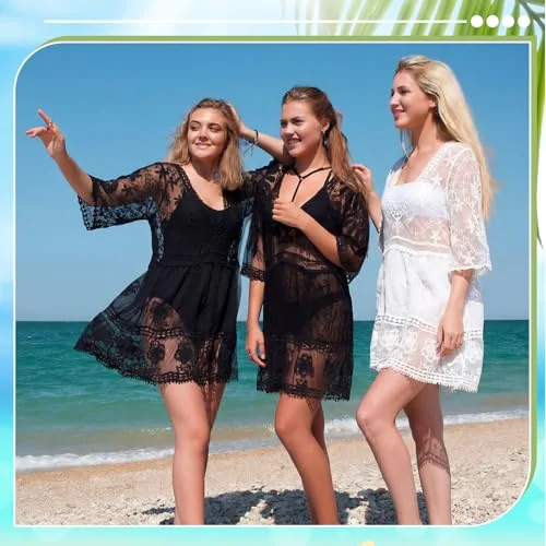 2 Pcs Lace Beach Cover up for Women Swimsuit Coverup Bathing Suit Cover up Black White for Poolside Seaside Party view 3