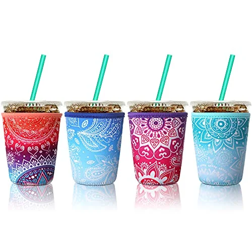 4 Pcs Iced Coffee Sleeves, 16-20 oz Small, Flower Style