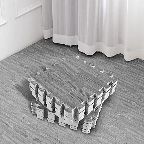 32 Pcs Interlocking Foam Mats, 11.8 x 11.8 Inch Wood Grain Foam Floor Tiles, EVA Puzzle Play Mat for Kids Playroom, Nursery, Home Gym, Bedroom, Grey