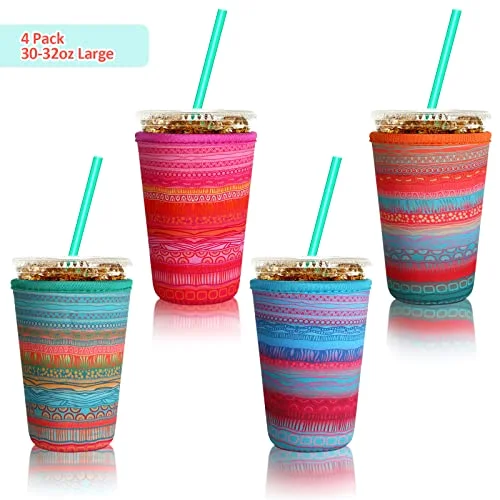 4 Pack Reusable Iced Coffee Insulator Sleeve, Neoprene Coffee Cup Holder for Iced Hot Drinks, Beverage Holder for Most Drinks view 3