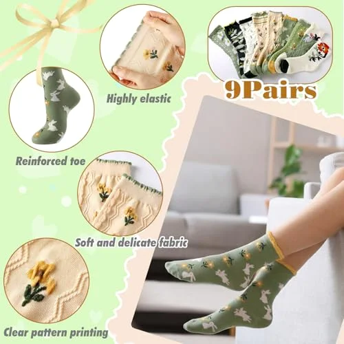 9 Pairs Cute Floral Socks Women Bow Ankle Crew Socks with Ruffle Tulip Flower Cottagecore Frilly Cotton Knitted Gifts view 4