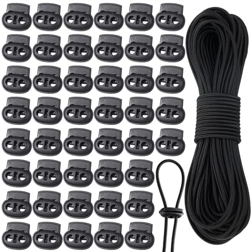 50 Pieces Cord Locks Spring Toggles Stoppers Plastic Single Hole End Stopper Slider and 1/8 Inch 66 Feet Elastic Bungee Cord for Drawstring Shoelaces Clothing Bags