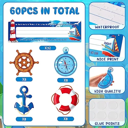 64 Pieces Nautical Theme Nameplates and Sailing Paper Cutouts Set with Glue Point Dots Name Tags Classroom Name Tags Nautical Bulletin Board Border for Teacher Kindergarten Office Decorations view 3