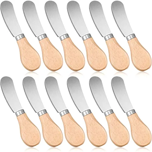 12 Pcs 4.7 Inch Cheese Spreader Knives Butter Knife Bulk Stainless Steel Butter Spreader Knives with Wooden Handle, Cheese Cake Condiment Knife Set for Sandwich, Cream, Charcuterie, Pastry
