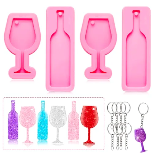 4 Pieces Mini Wine Glass Keychain Mold Goblet Tumbler Wine Bottle Shape Silicone Fondant Mold for DIY Pendant Trinket Luggage Tag Pudding Desserts Candy Cake Topper Decoration
